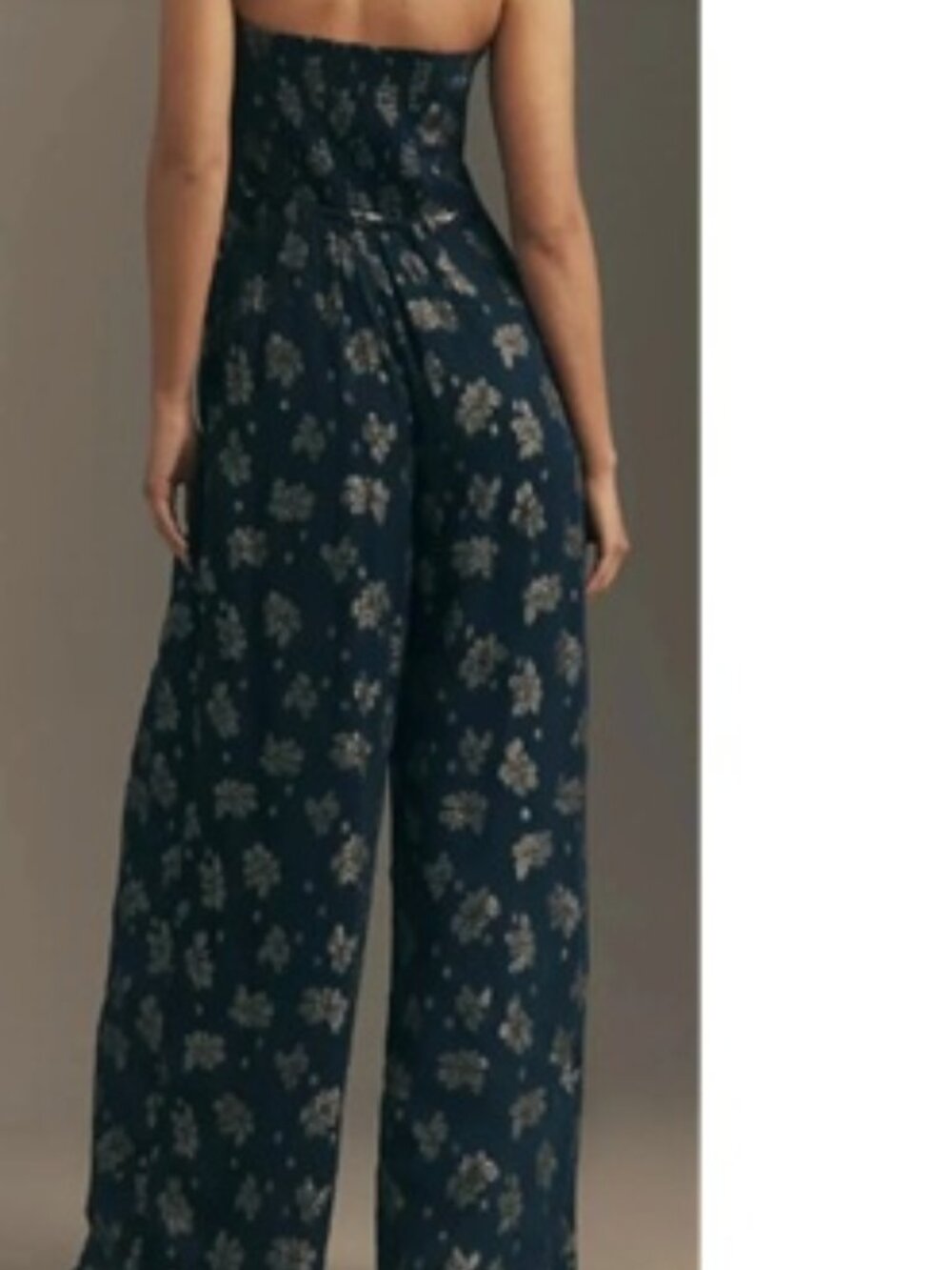 NWT Anthropologie Strapless Shine Wide-Leg Jumpsuit Navy Gold Floral Size 16 - Picture 6 of 12